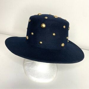 BOLLMAN Vintage Doeskin Wool Felt Hat Navy Blue with Gold Studs Made in USA